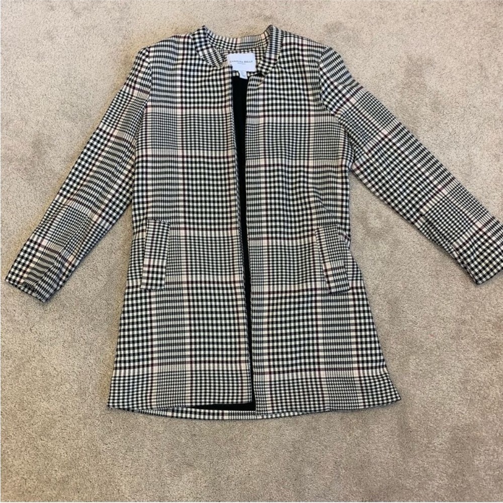 Carolina Belle houndstooth open front coat cream black Sz L plaid check
